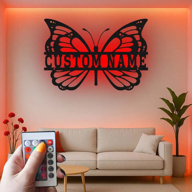 Décoration murale en métal LED personnalisée en forme de papillon - Cadeau pour elle pour la chambre ou le salon