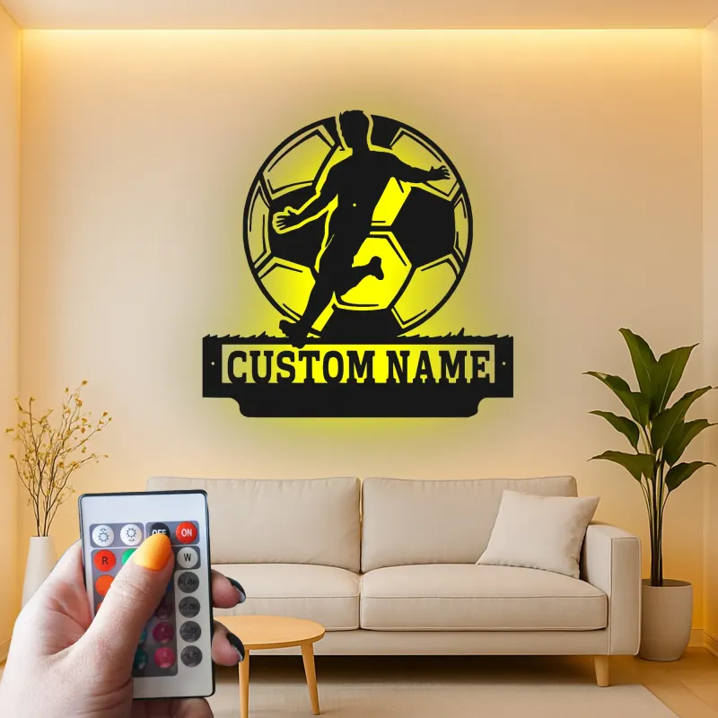 Cartel de Metal de Jugador de Fútbol Personalizado | Decoración Mural LED Personalizada | Decoración para Habitaciones de Atletas | Regalo de Fútbol con Nombre