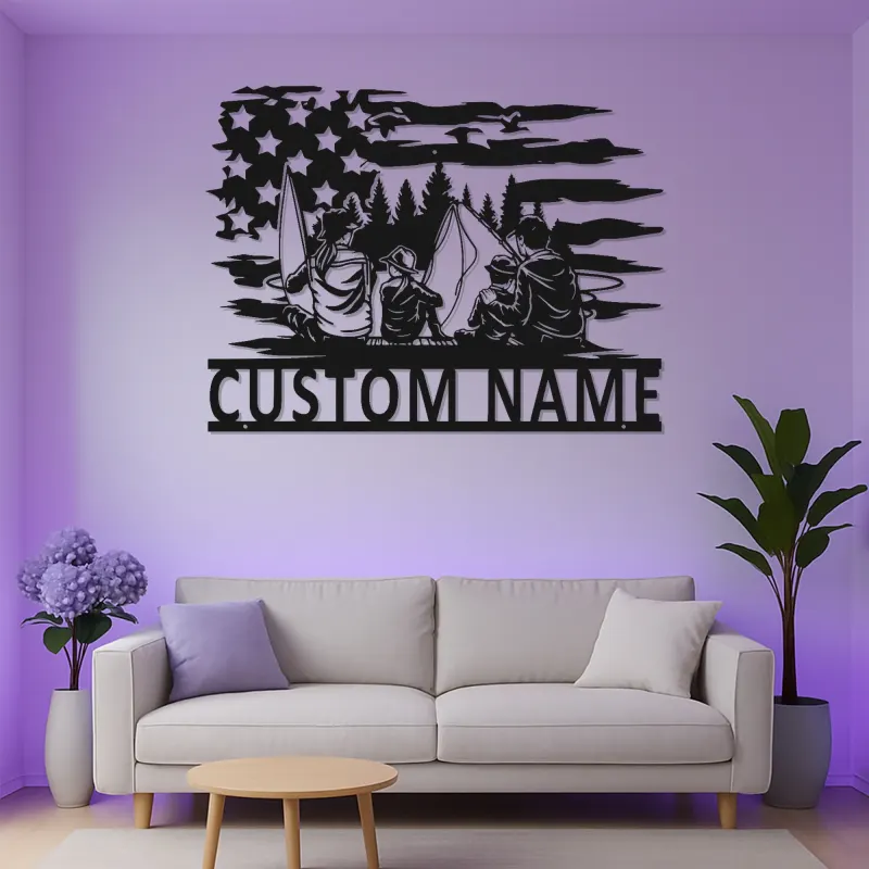Custom Family Fishing LED Sign | American Flag Metal Wall Art | Personalized Cabin Decor | Outdoor Lover Gift
