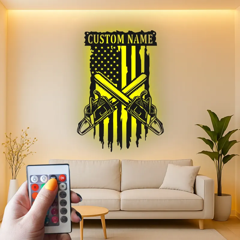 Custom Chainsaw American Flag Led Light Metal Wall Art Unique Gift for Lumberjacks Garage or Workshop Decor