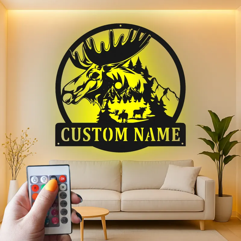 Custom Moose Metal Sign with LED | Personalized Wildlife Wall Art | Rustic Cabin & Lodge Decor for Hunter Gift