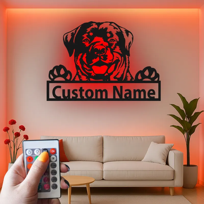 Insegna in metallo personalizzata con Rottweiler | Insegna con nome del cane con luce LED | Regalo per amanti degli animali e decorazione moderna per la casa