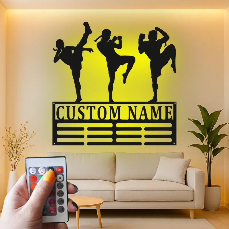 Panneau LED Muay Thai Personnalisé | Art mural en métal Kickboxing sur mesure | Décor d'Arts Martiaux pour Salle de Sport ou Cadeau pour Athlète