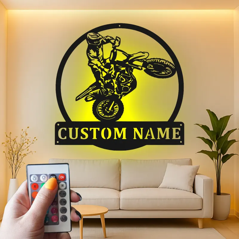Custom Motocross Rider Led Light Metal Wall Art Personalized Gift for Dirt Bike Enthusiasts Garage Decor