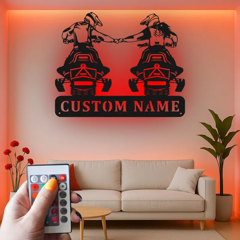 Décoration murale en métal personnalisée pour couple de motards avec rétroéclairage LED - Cadeau de motard pour couples, décoration de garage ou de man cave