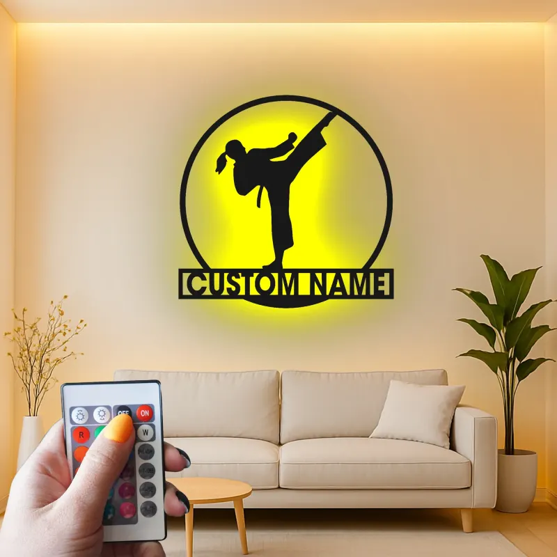Custom Karate Kick Led Light Metal Wall Art Martial Arts Gift for Karate Enthusiasts Dojo or Gym Decor