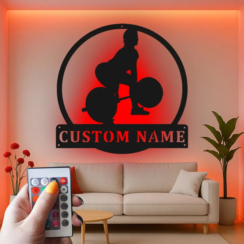 Décoration murale en métal personnalisée pour haltérophile avec rétroéclairage LED - Cadeau de fitness pour passionnés de gym