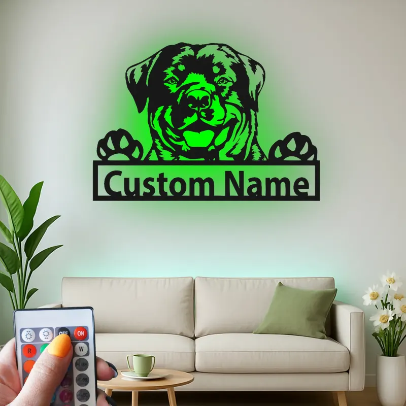 Insegna in metallo personalizzata con Rottweiler | Insegna con nome del cane con luce LED | Regalo per amanti degli animali e decorazione moderna per la casa