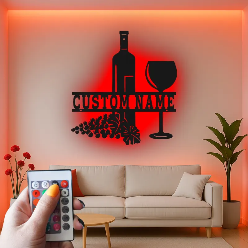 Décoration murale en métal personnalisée pour bouteille et verre de vin avec rétroéclairage LED - Cadeau personnalisé pour les amateurs de vin - Décor de cuisine ou de bar
