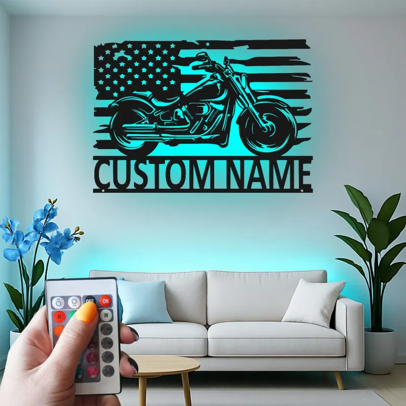 Insegna in metallo personalizzata con bandiera americana e luce LED regalo per motociclisti decorazione per garage
