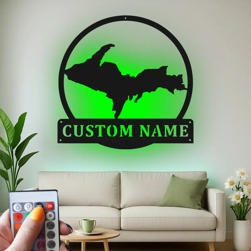 Cartel de metal personalizado con luz LED de la Península Superior, regalo personalizado de Michigan, decoración para la sala de estar o la oficina