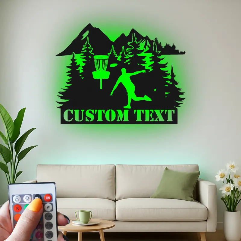 Cartel de metal personalizado con jugador de golf de disco, regalo iluminado LED