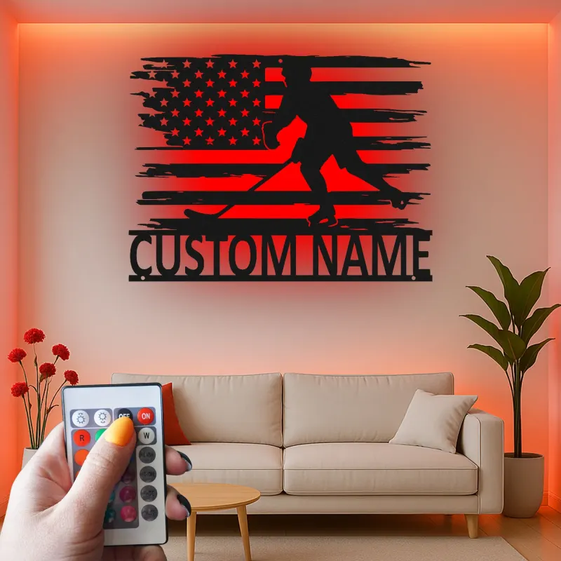 Personalized Hockey Player Metal Sign | Custom Name LED Wall Art with USA Flag | Game Room Decor for Sports Fan