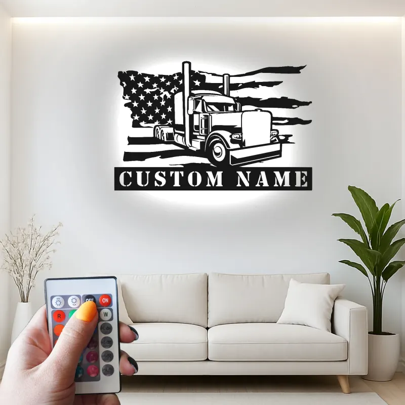 Personalisierte Semi-Truck LED Metall-Schild | Amerikanische Flagge Wandkunst | Individuelle Trucker Namensschild | Big Rig Garage & Man Cave Dekor