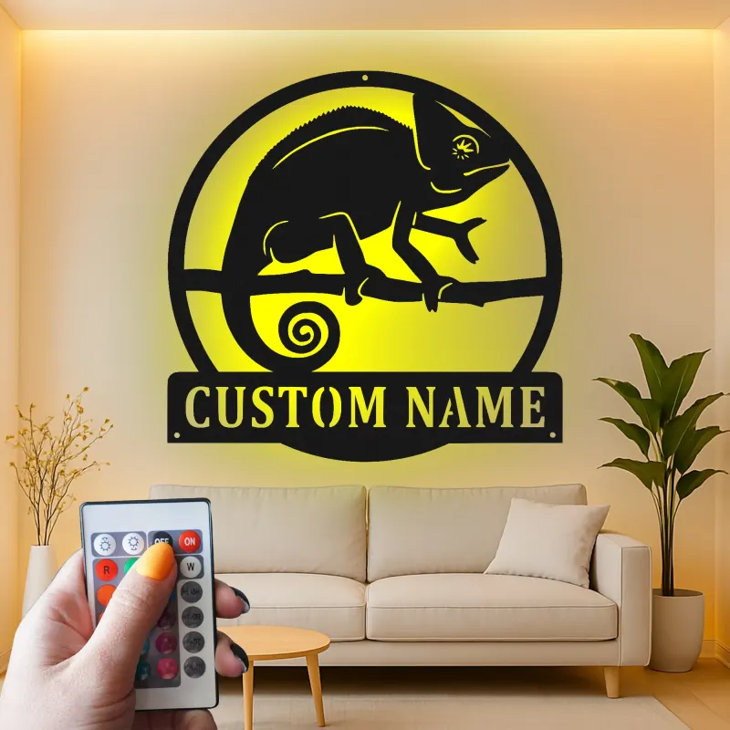 Cartel de metal LED personalizado de camaleón, regalo único para amantes de los reptiles, decoración de dormitorio o salón 1