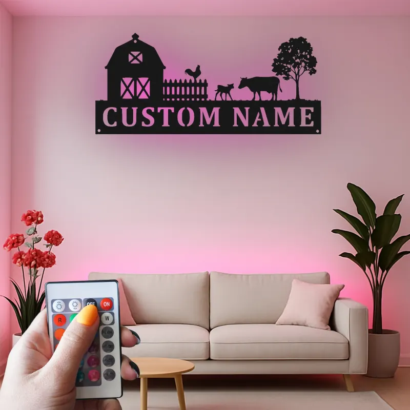Cartel de Granja Personalizado | Decoración de Metal de Granja con LED | Arte de Pared con Nombre Familiar Rústico para la Sala de Estar