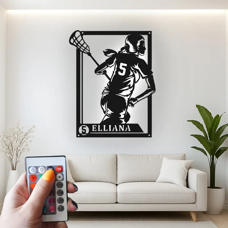 Insegna LED personalizzata per giocatrice di lacrosse | Arte murale in metallo su misura per cameretta ragazza | Regalo per atleta donna con nome e numero