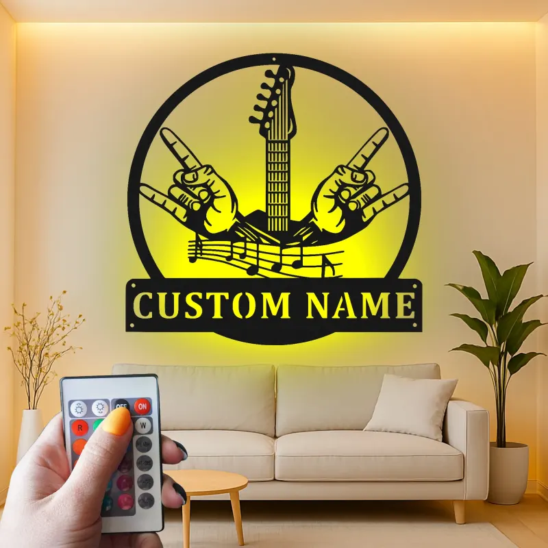 Personalized Guitar LED Sign | Custom Metal Wall Art for Studio | Musician Name Plaque | Rock Music Decor Gift for Guitarist