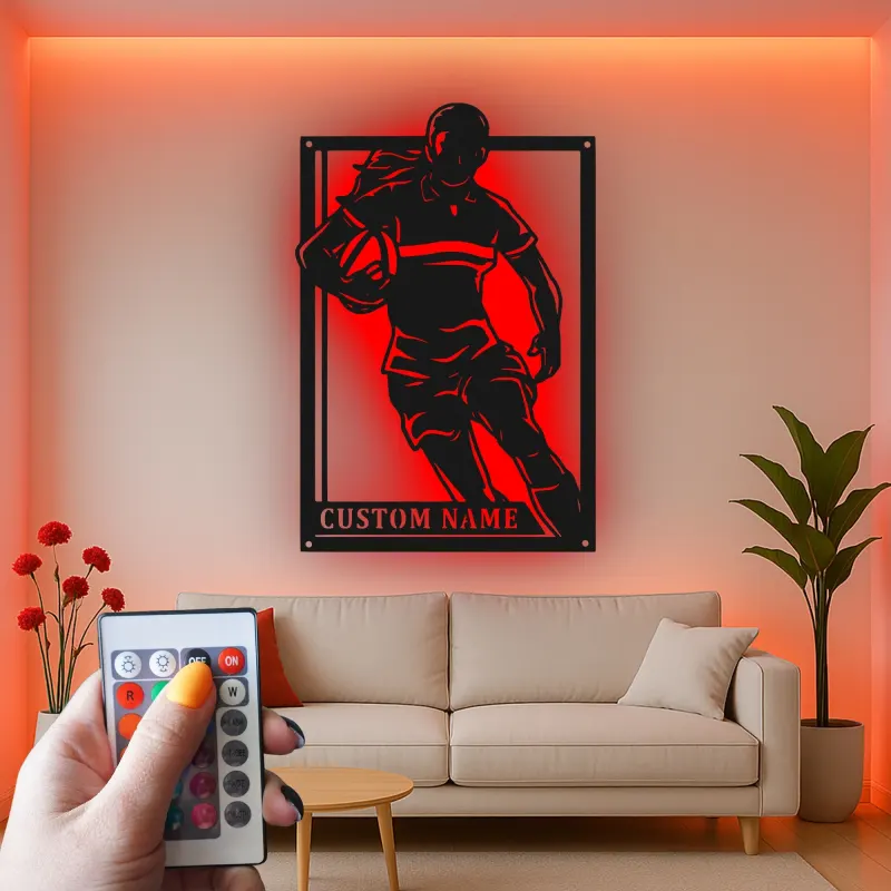 Décoration murale en métal personnalisée avec lumière LED de joueur de rugby