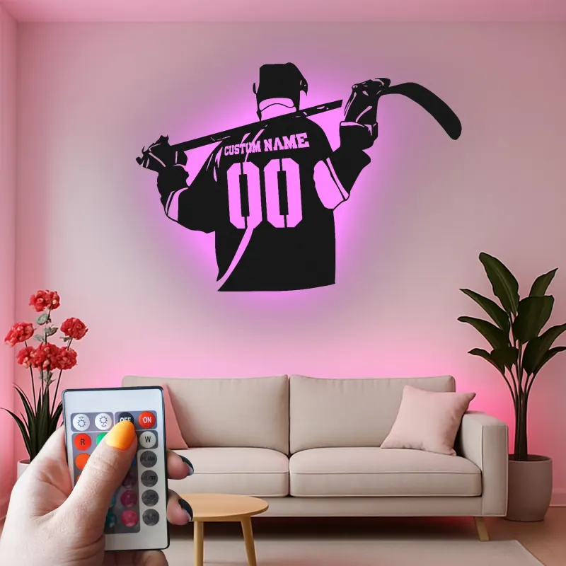 Cartel LED personalizado de jugador de hockey | Decoración mural de metal a medida | Decoración para habitación de aficionados al deporte y regalo para deportistas