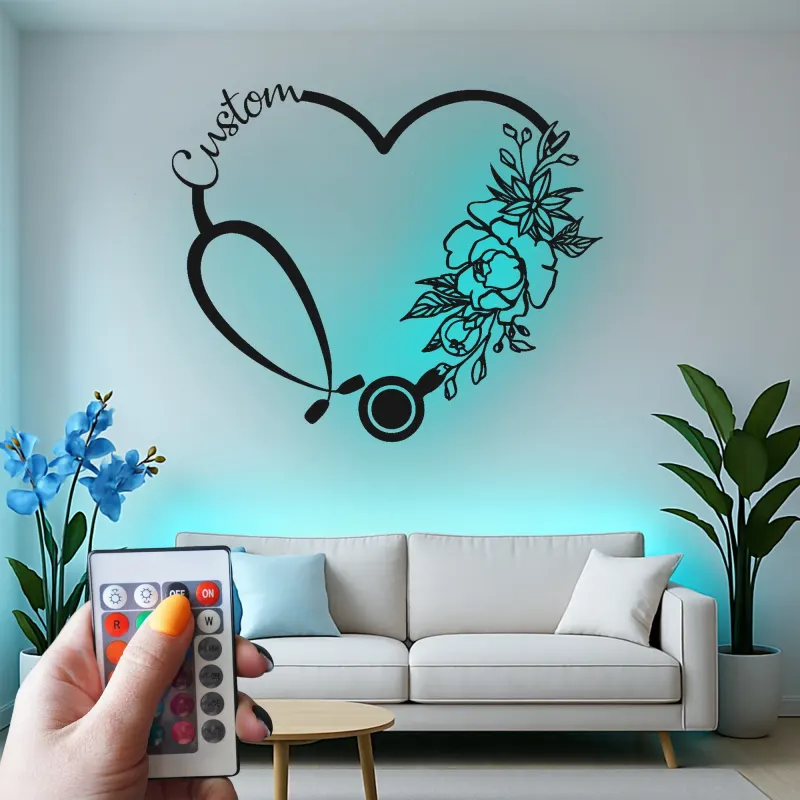 Insegna personalizzata con stetoscopio | Arte da parete in metallo LED per clinica | Regalo su misura per infermieri e medici | Targhetta floreale a cuore