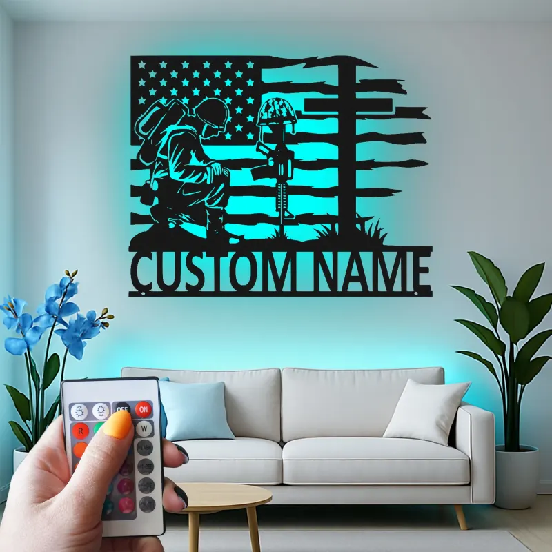 Kneeling Soldier Metal Sign | Custom Military Memorial Wall Art | Personalized Veteran Remembrance Gift with LED