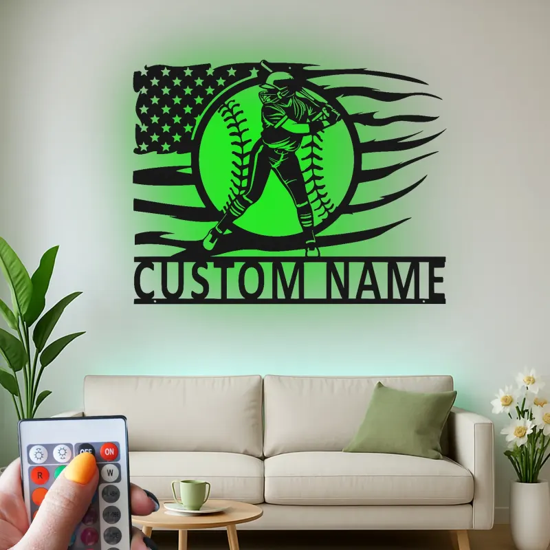 Insegna in metallo personalizzata per giocatore di softball con luce LED regalo per atleti decorazione per stanza sportiva 1