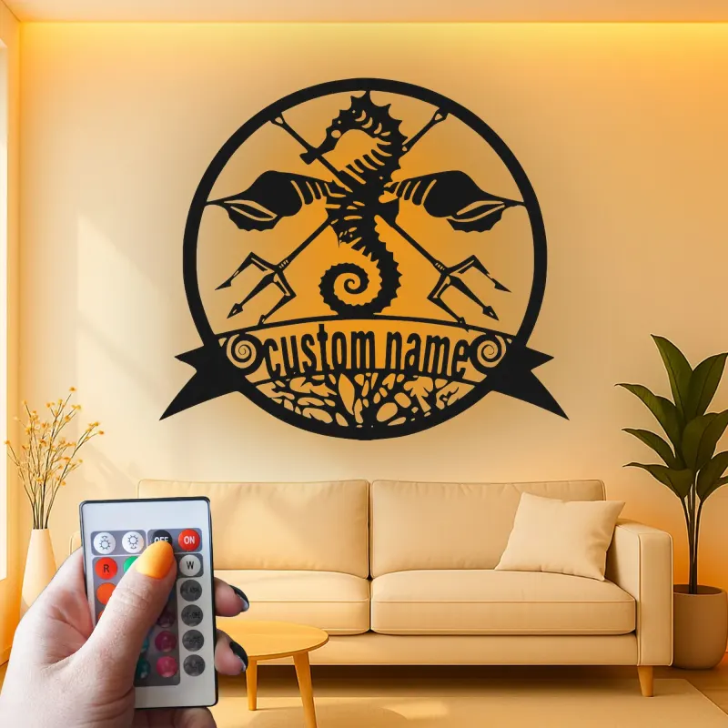 Insegna Personalizzata Cavalluccio Marino & Tridente | Insegna in Metallo LED | Decor Nautico Personalizzato per Casa al Mare o Attività Costiera