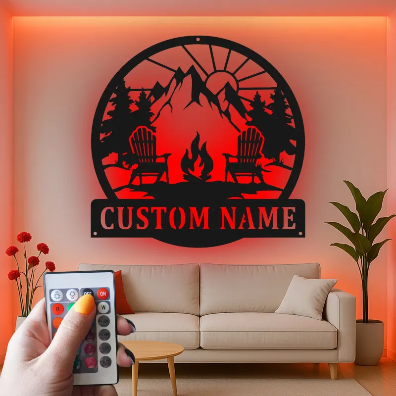 Cartel de metal LED personalizado de fogata de montaña regalo para amantes del aire libre decoración de cabaña o patio