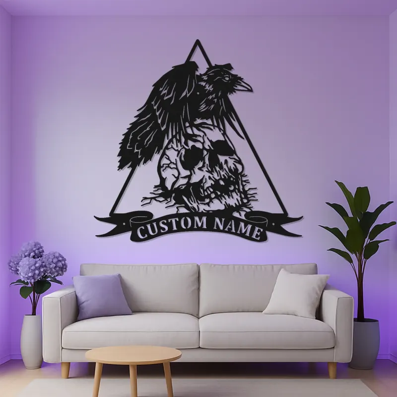 Insegna LED in metallo gotica con corvo e teschio | Arte murale horror personalizzata | Decorazione spettrale su misura per man cave, studio | Targhetta dark art