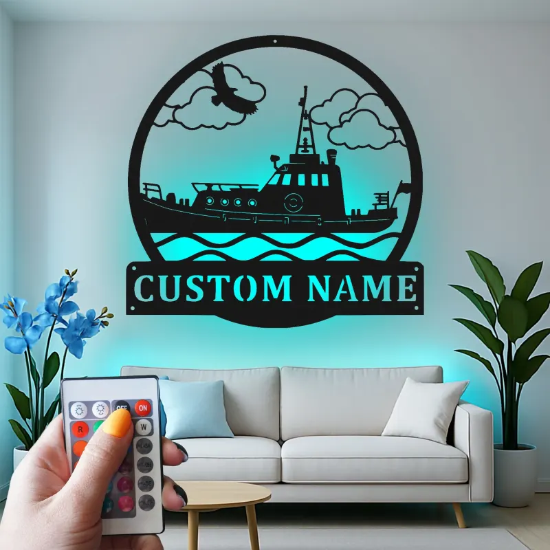 Décoration murale en métal personnalisée Remorqueur avec rétroéclairage LED Cadeau nautique pour les amoureux de bateaux Décor maritime personnalisé pour la maison