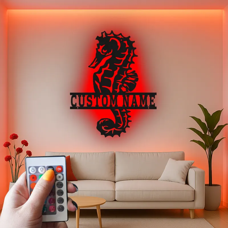 Cartel de metal personalizado de caballito de mar con LED | Arte mural náutico personalizado | Regalo de decoración para casa de playa y hogar costero