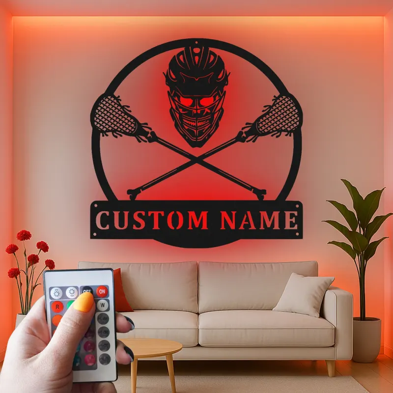 Insegna di Lacrosse Personalizzata con LED | Arte da Parete in Metallo per Giocatore o Allenatore | Decorazione Sportiva per Man Cave