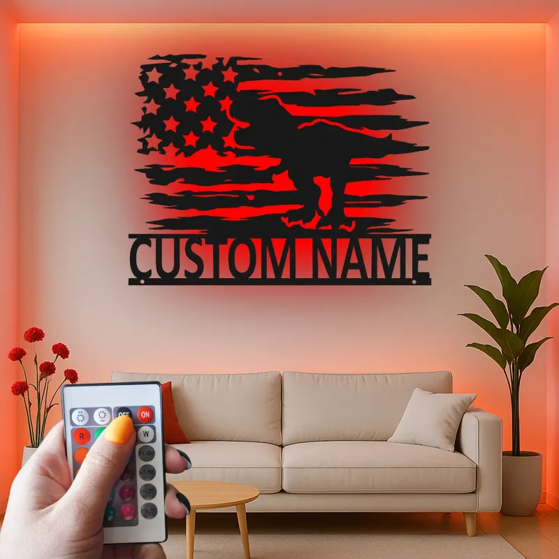 Insegna in metallo LED T-Rex con bandiera americana personalizzata, regalo unico per amanti dei dinosauri, decorazione per stanza dei bambini