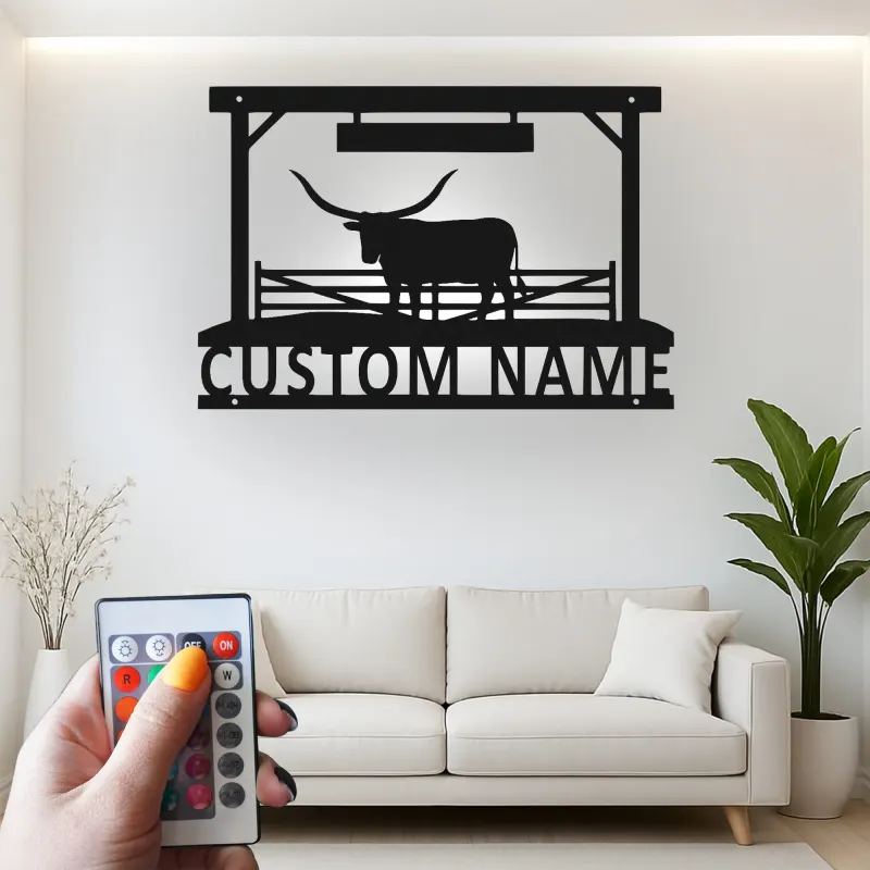 Texas Longhorn Metal Wall Art | Custom Ranch Sign with LED Lights | Personalized Farmhouse Decor for Cattleman
