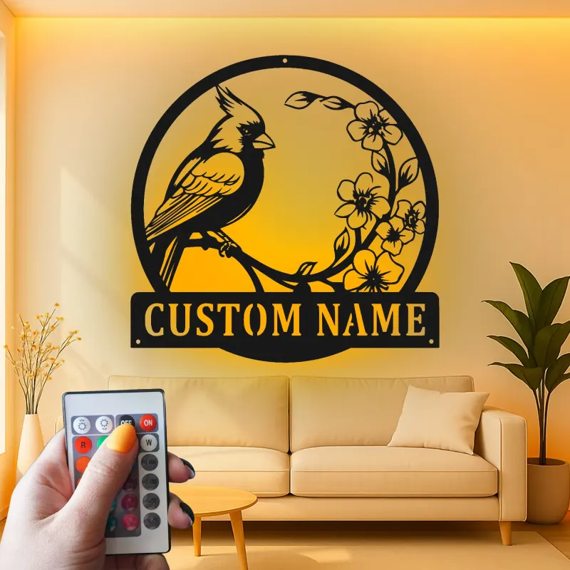 Décoration murale en métal personnalisée avec lumière LED cardinal et fleurs