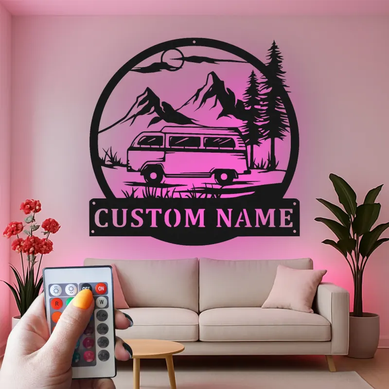 Cartel de metal LED con camper van personalizado, regalo para amantes de la aventura y decoración rústica