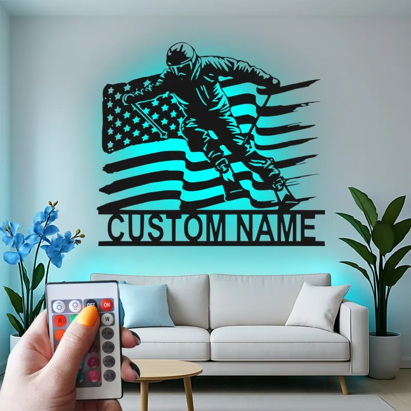 Personalisierte Skifahrer mit amerikanischer Flagge LED-beleuchtetes Metallschild Geschenk für Ski-Enthusiasten Man Cave Dekor