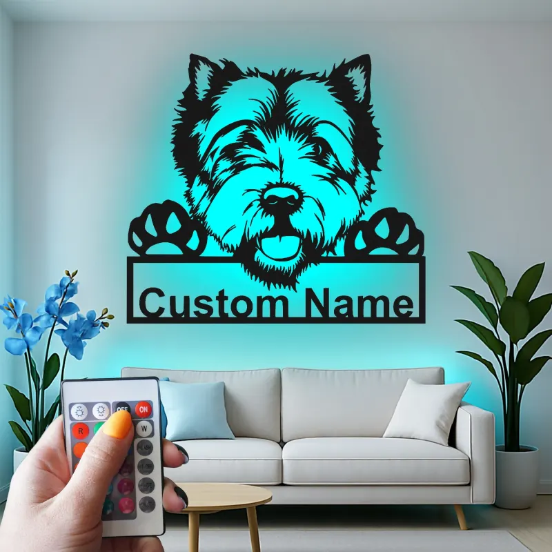 Cartel de metal personalizado con luz LED de perro Terrier, regalo para padres de mascotas, decoración para salón o entrada 1