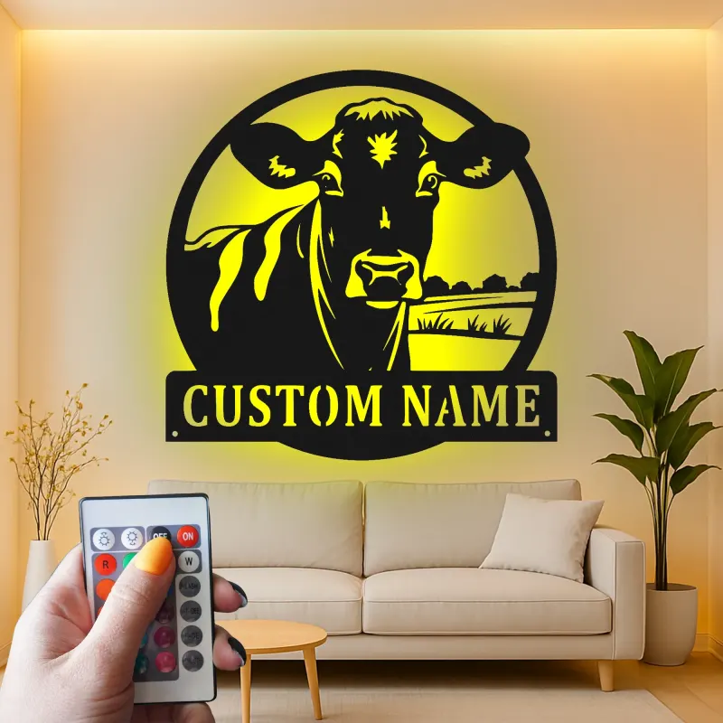 Décoration murale en métal LED personnalisée Ferme Vache - Cadeau pour agriculteur - Décor de grange rustique 1