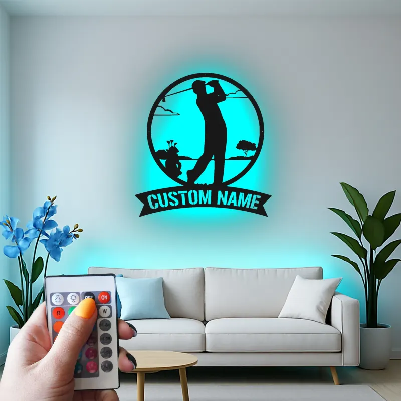 Panneau métallique personnalisé pour golfeur | Décoration murale LED personnalisée | Cadeau pour amateur de golf | Déco de man cave et bar à domicile