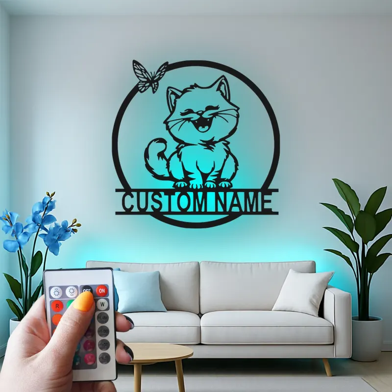 Custom Cat and Butterfly Led Light Metal Wall Art Personalized Gift for Cat Lovers Bedroom or Living Room Decor