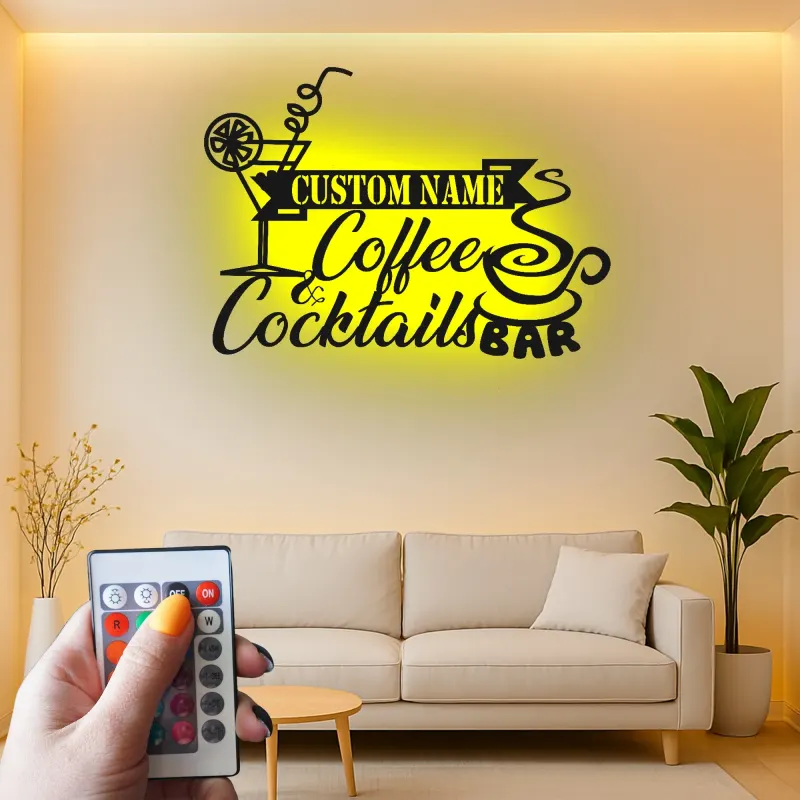 Décoration murale en métal LED personnalisée Café & Cocktails - Cadeau pour bar à domicile, cuisine ou salon