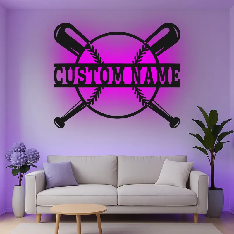 Insegna in metallo LED personalizzata con baseball - Regalo per appassionati di sport e decorazione per sala giochi