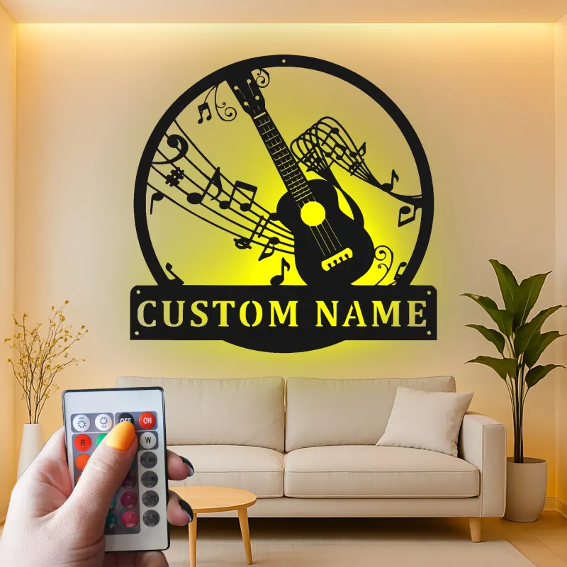 Décoration murale en métal LED guitare personnalisée | Enseigne musicien avec nom | Déco de salle de musique et studio