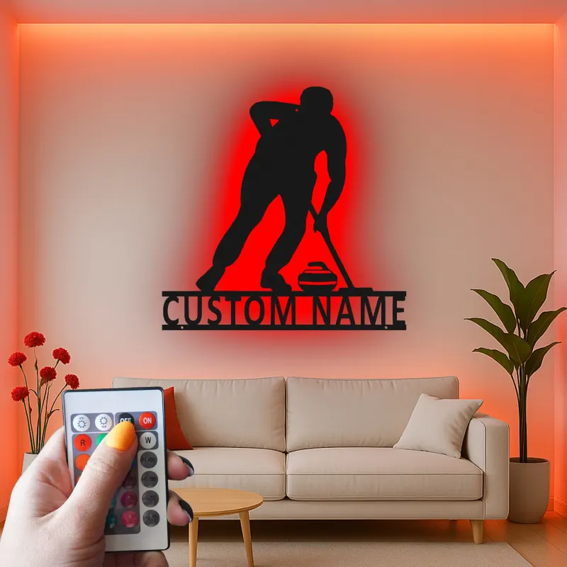Insegna in metallo personalizzata con luce LED a tema giocatore di curling regalo sportivo per curlers decorazione per sala giochi