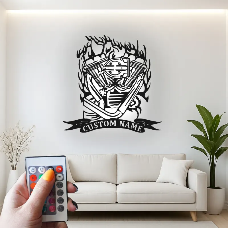 Arte LED in metallo con motore V-Twin | Insegna motociclistica personalizzata per garage | Targa biker su misura | Decorazione per man cave