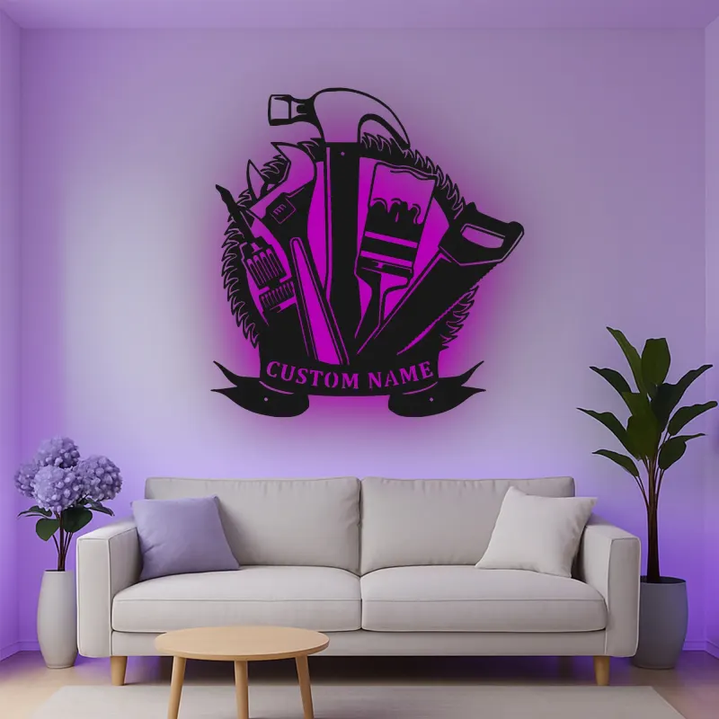 Cartel de metal personalizado con luz LED de juego de herramientas para regalo de manitas, decoración de garaje o taller 3
