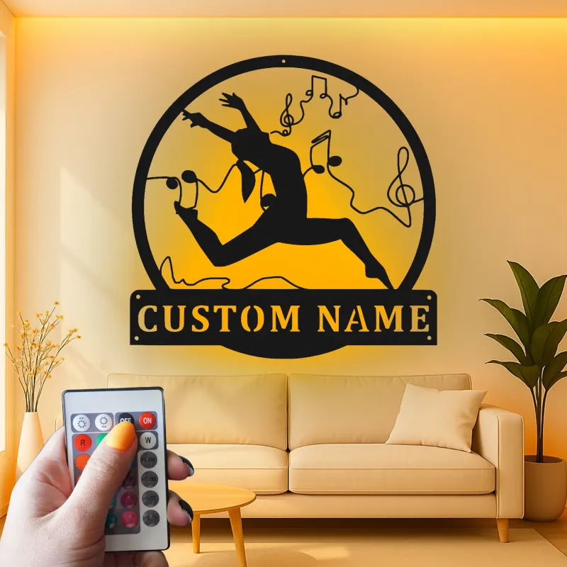 Personalisierte LED-Metall-Wandkunst mit Tänzer und Noten – Geschenk für Tanzliebhaber, Studio- oder Schlafzimmerdeko