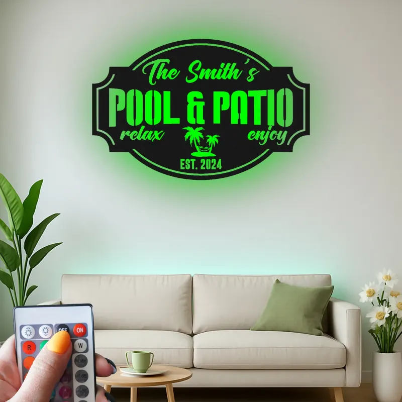Custom Metal Pool Sign with LED | Personalized Patio & Bar Decor | Tropical Palm Tree Wall Art